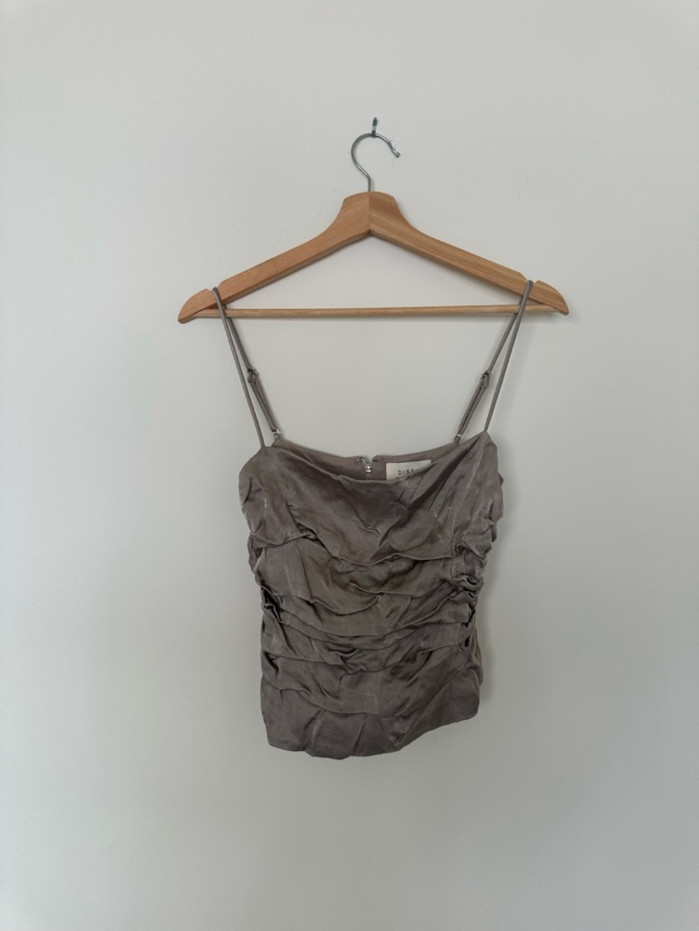 DISSH Ruched Satin Spaghetti Strap Tank and Pant Set - Gray/Taupe